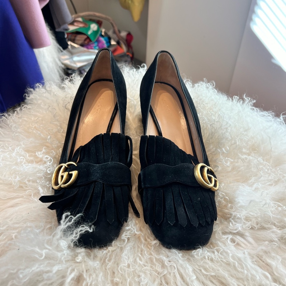 Gucci Black Suede Fringe Loafers